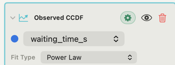Autoplot Observed CCDF card showing the waiting_time_s variable and Power Law fit type