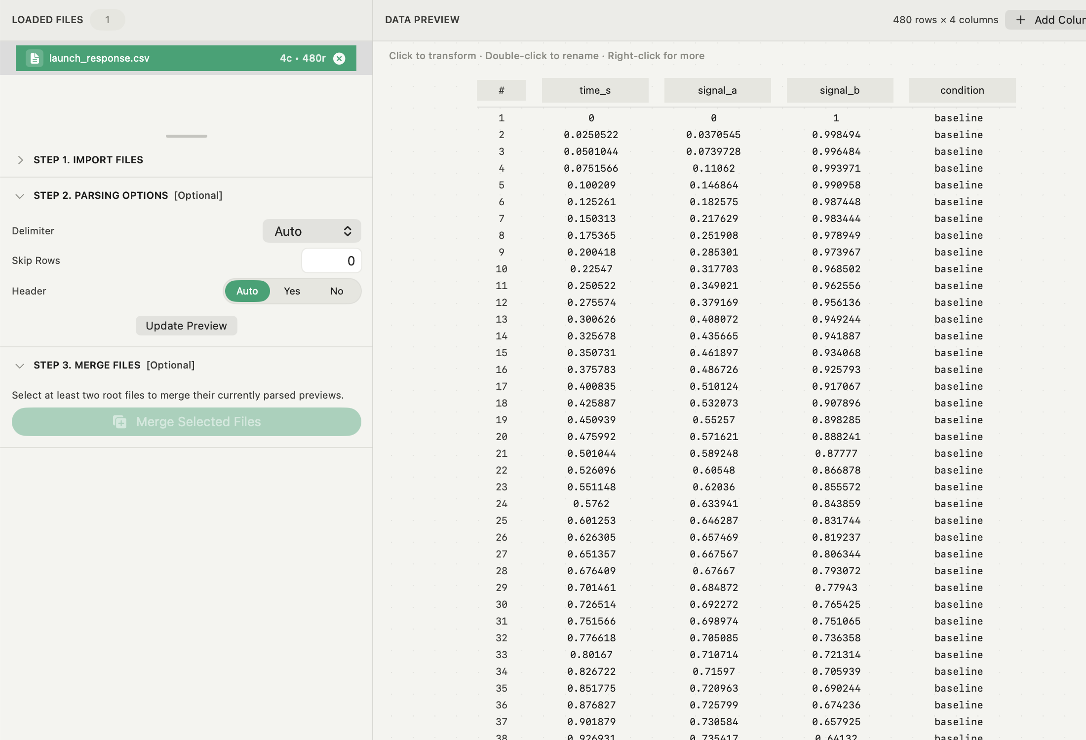 Autoplot import preview with Delimiter, Skip Rows and Header controls beside a parsed table of time_s, signal_a, signal_b and condition columns, 480 rows by 4 columns