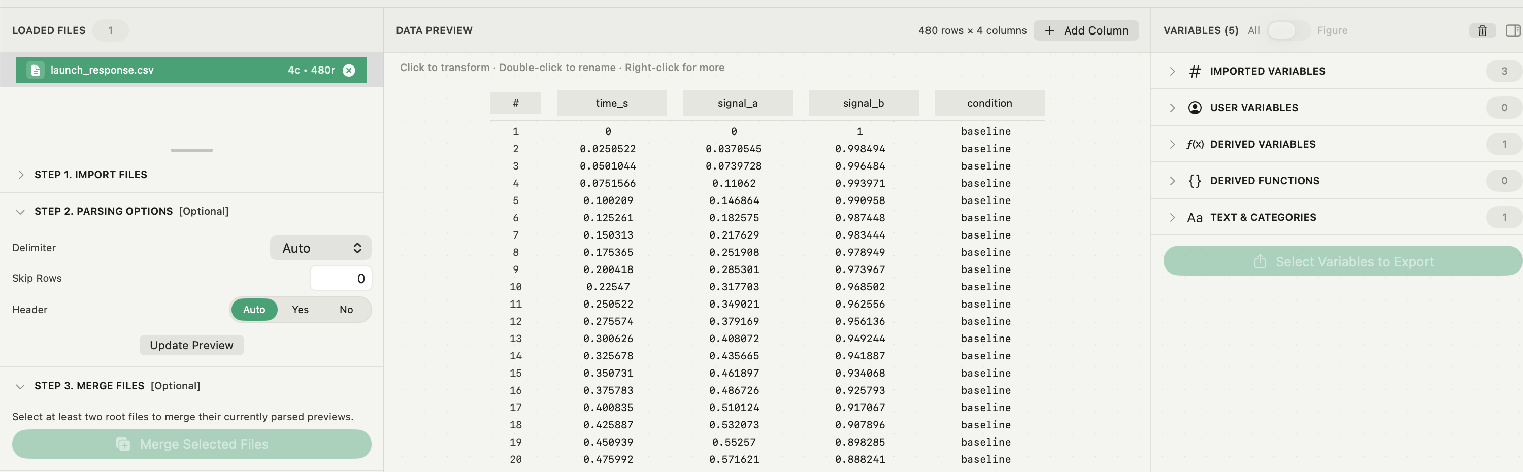 Autoplot Data tab with parsing options for delimiter, skip rows and header, a data preview with an Add Column button, and a Variables panel listing imported, user and derived variables, derived functions and text and categories