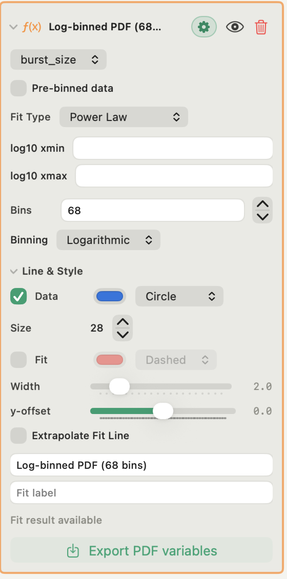 Autoplot Log-binned PDF controls showing burst_size, 68 bins, Logarithmic binning, blank log10 fit limits, and the data markers enabled