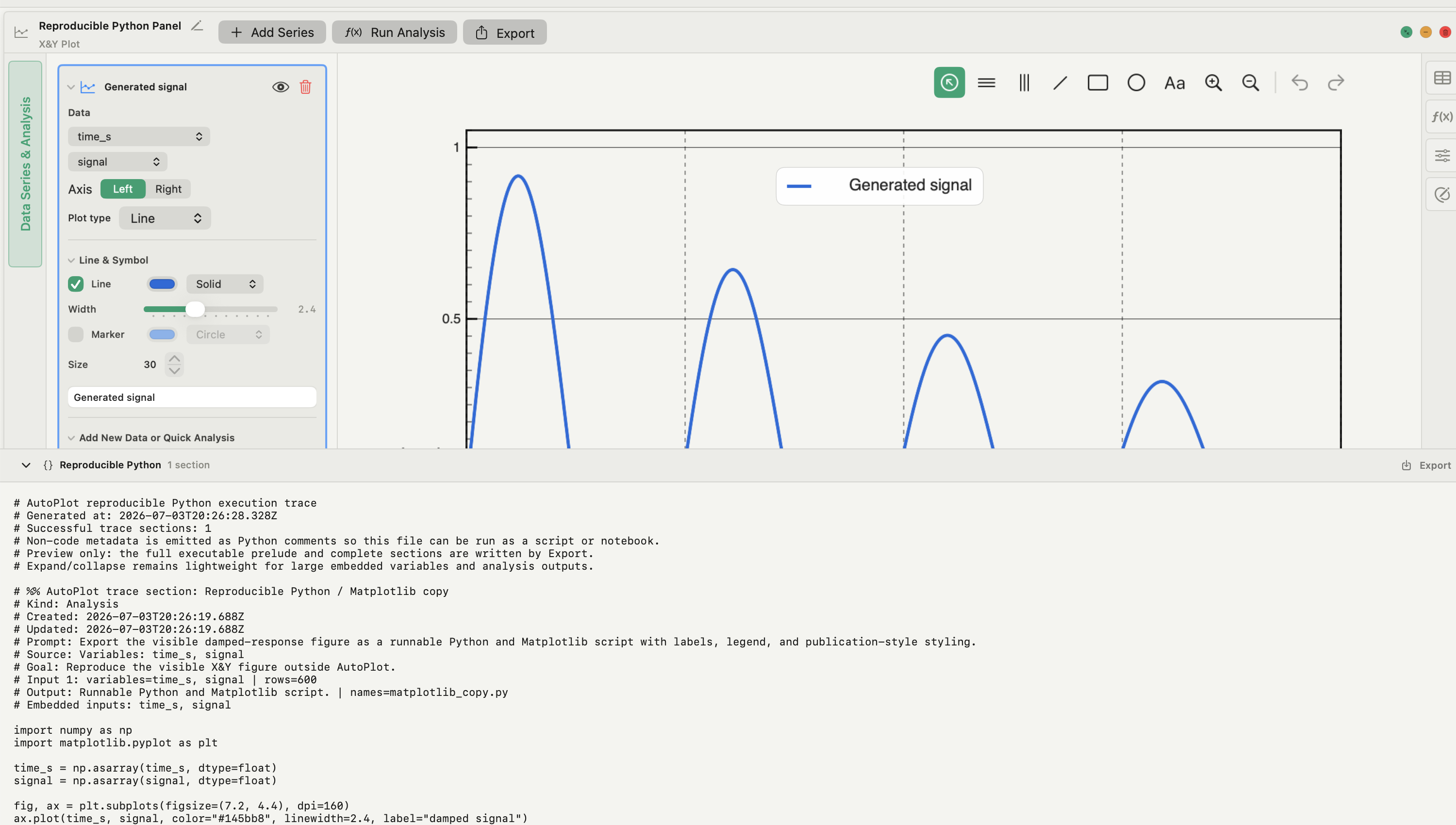 Autoplot plot and analysis controls above an expanded Reproducible Python trace