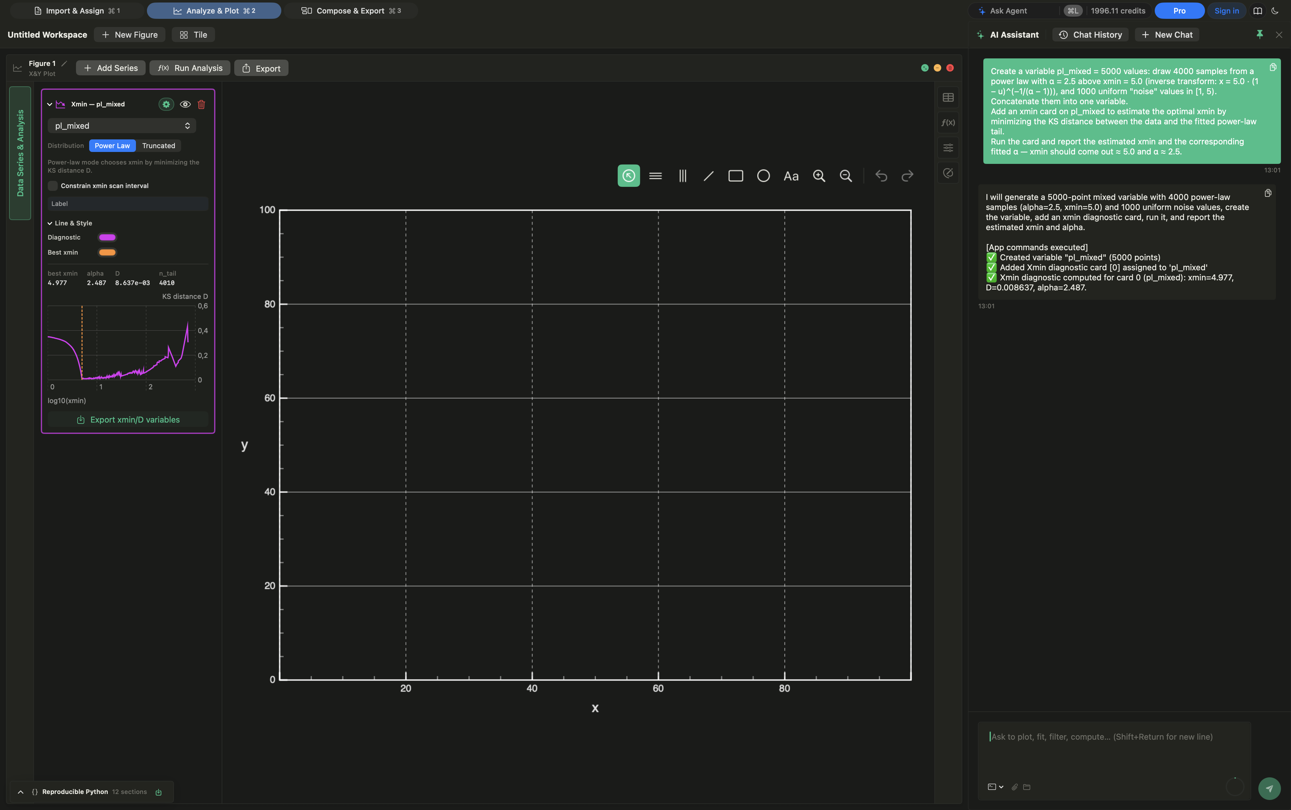 Power-law fits: MLE exponent, KS-selected x_min preview