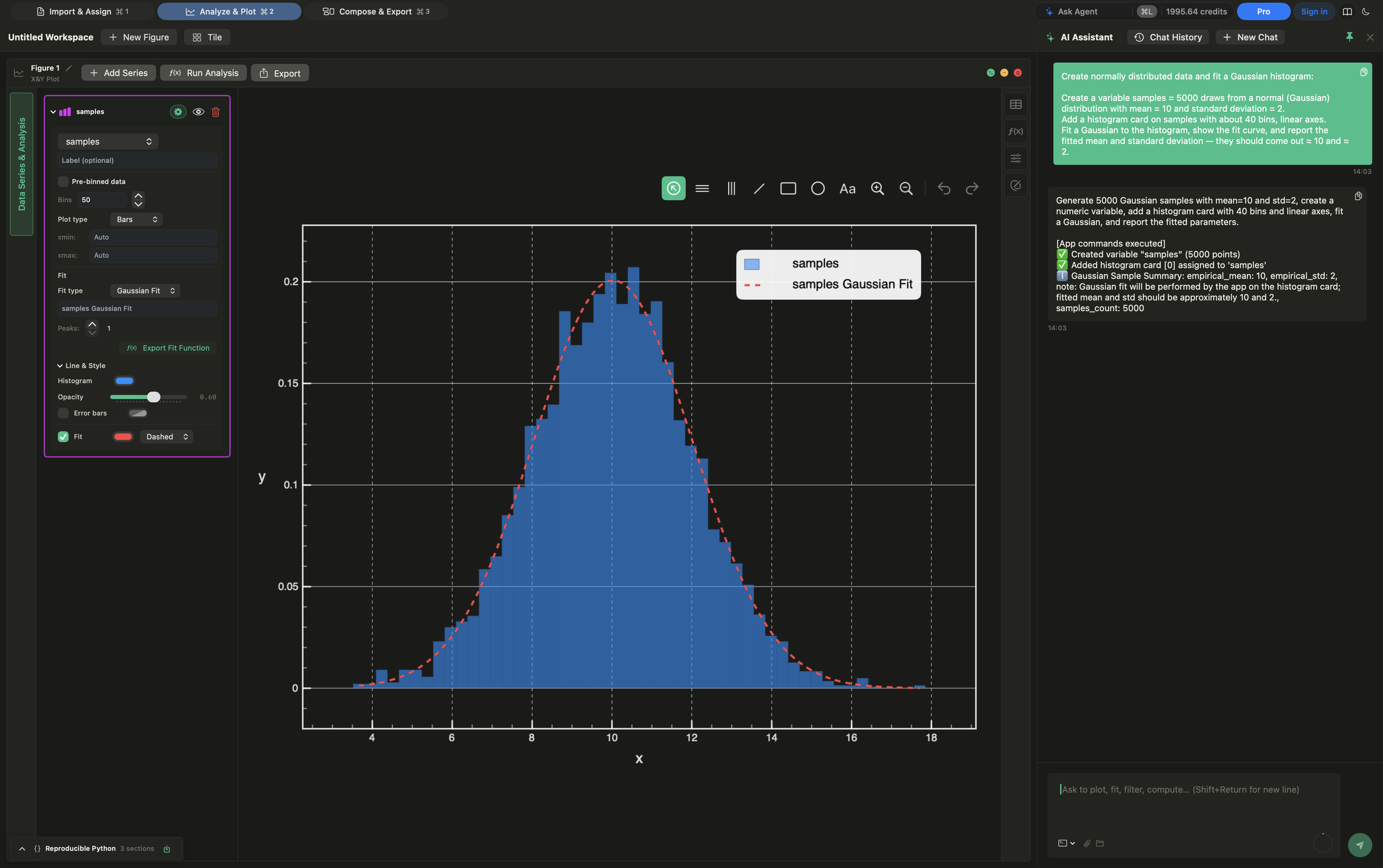 Histograms with Gaussian, mixture, and custom fits preview