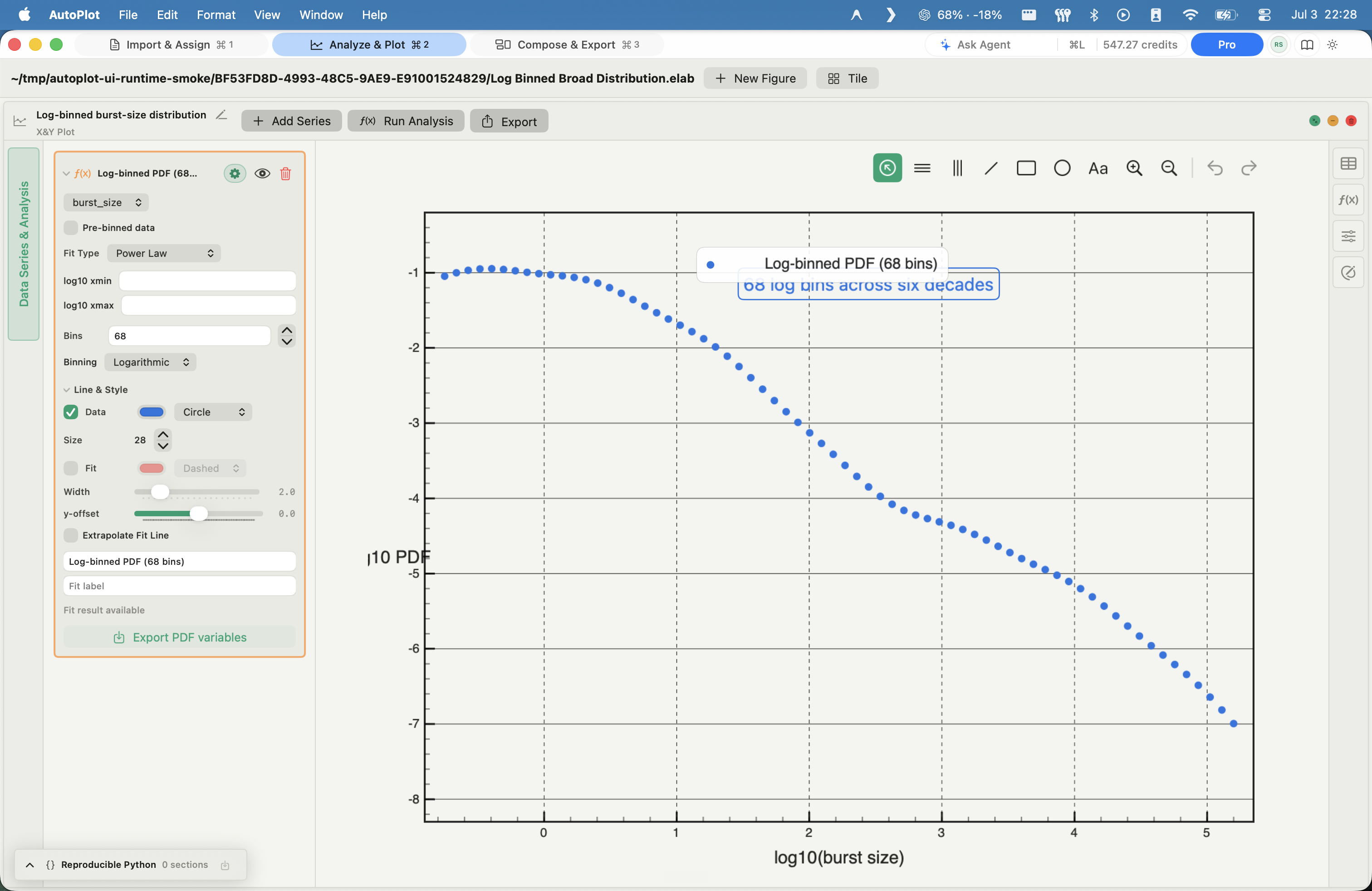 AutoPlot Log-binned distributions screenshot