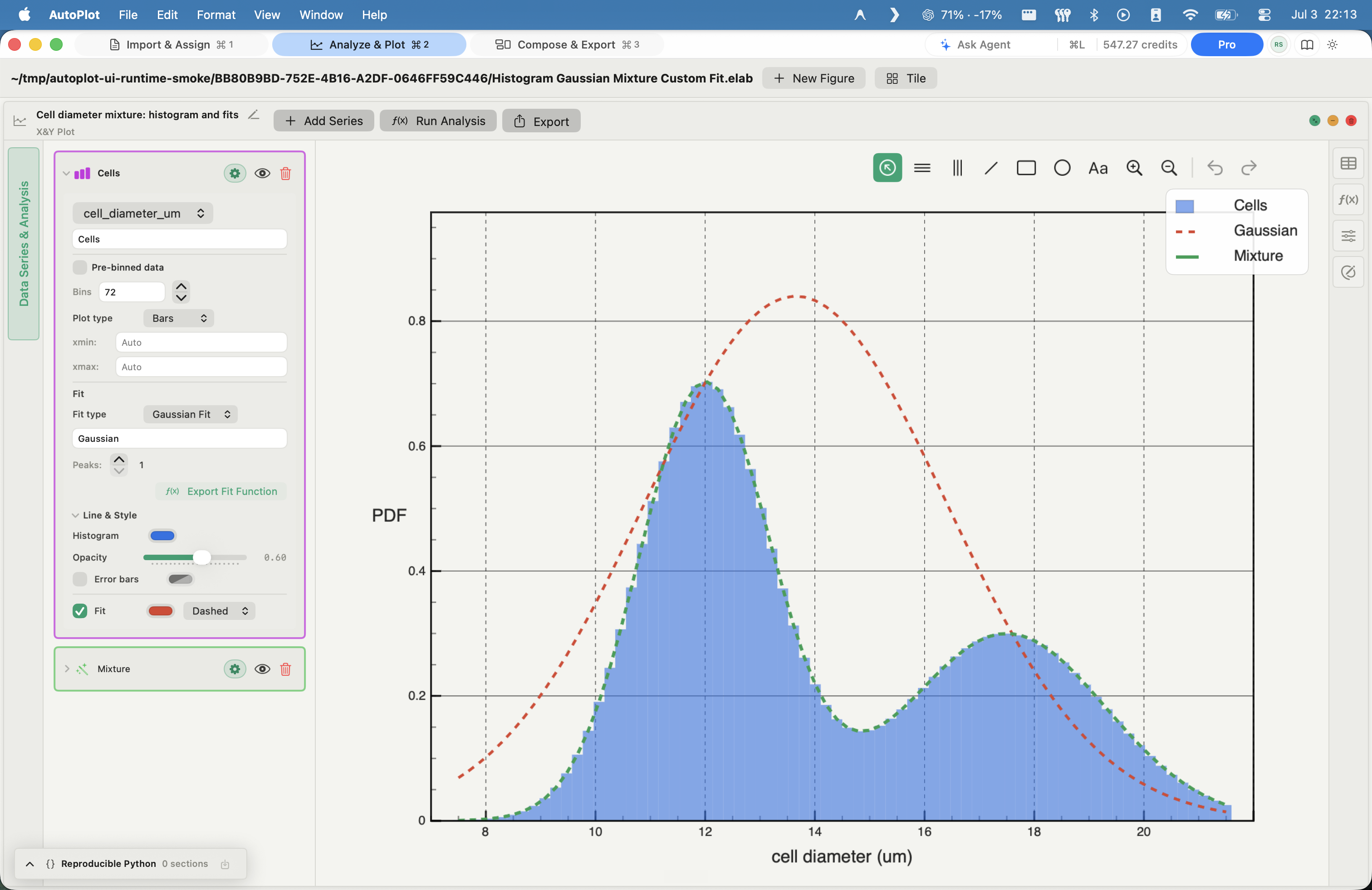 AutoPlot Histograms with Gaussian, mixture, and custom fits screenshot