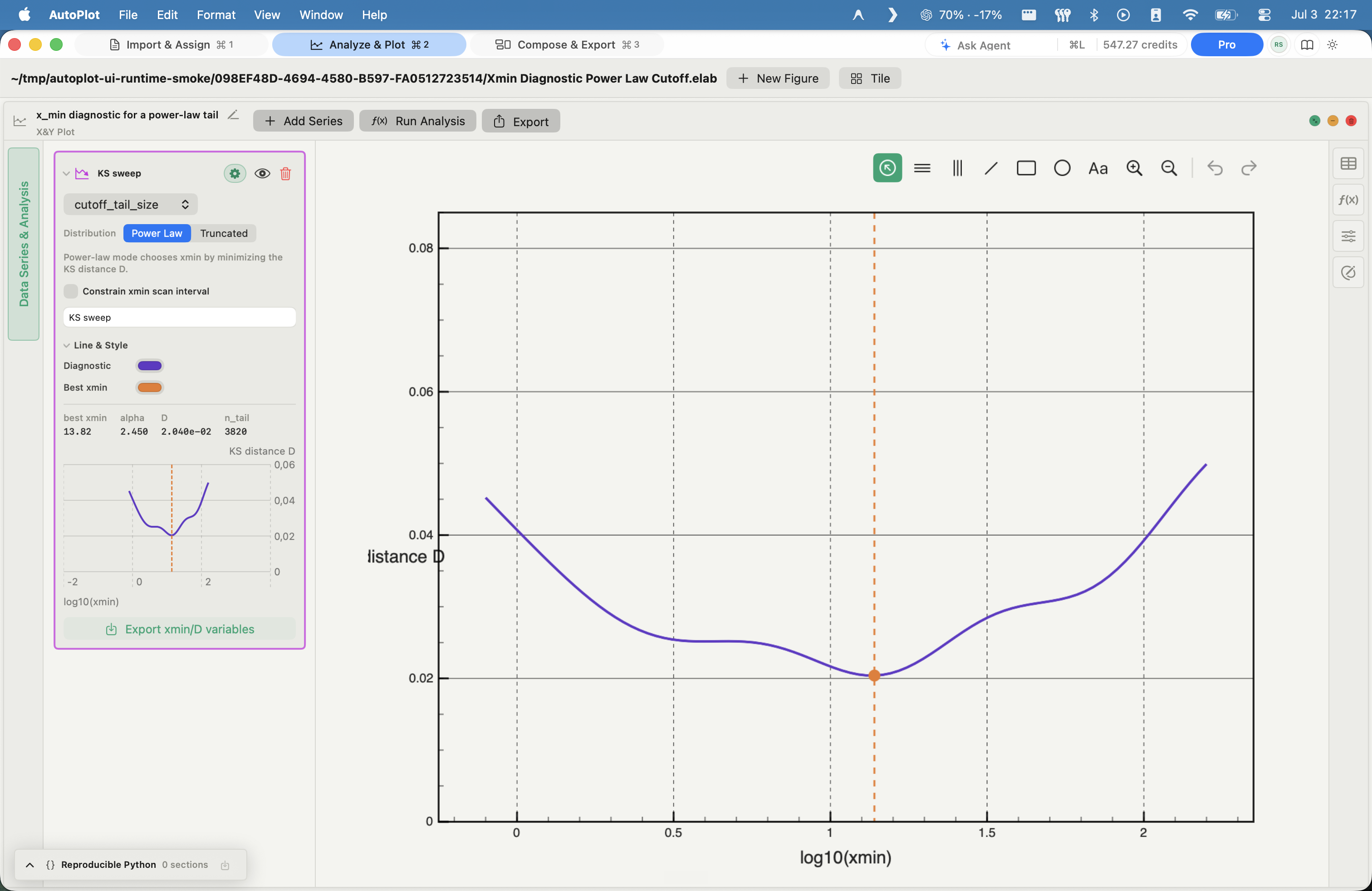 AutoPlot Power-law and truncated fits — Xmin diagnostic screenshot